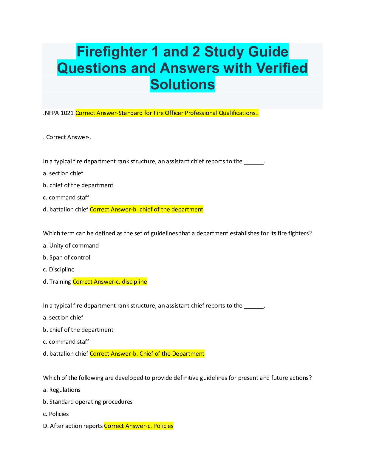 Preview of Firefighter 1 and 2 Study Guide Questions and Answers with Verified Solutions